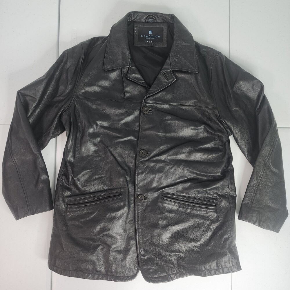 Kenneth Cole Reaction Black Pebbled Leather Button Up Jacket/Blazer Men XL